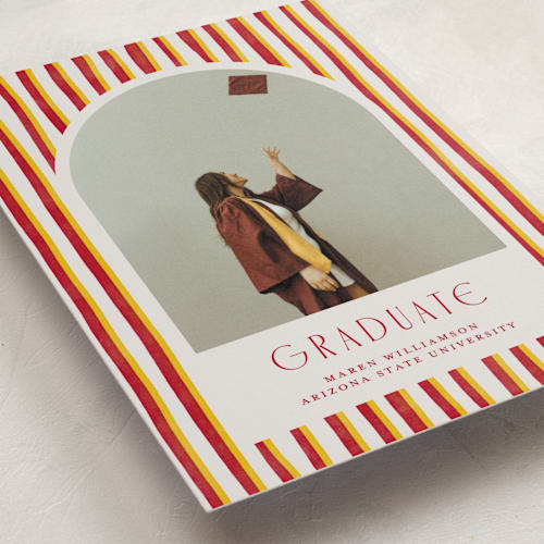 This is a rose & sunflower graduation announcements with standard by Anna Elder called grad stripes printing on recycled smooth signature in standard