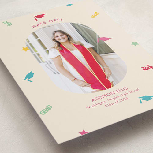 This is a multi graduation announcements with standard by Megan Cash called confetti drop printing on recycled smooth signature in standard