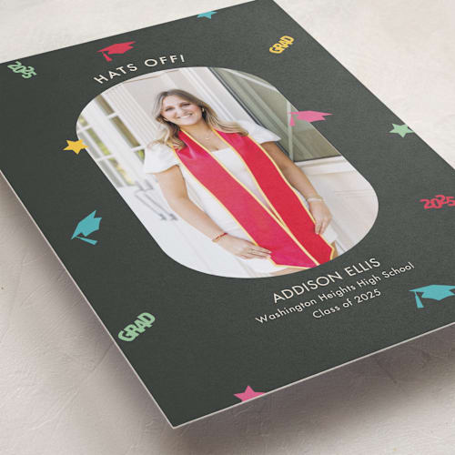This is a charcoal graduation announcements with standard by Megan Cash called confetti drop printing on recycled smooth signature in standard