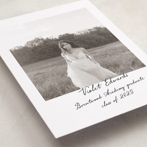 This is a ivory graduation announcements with standard by Sara Hicks Malone called scrapbook printing on recycled smooth signature in standard
