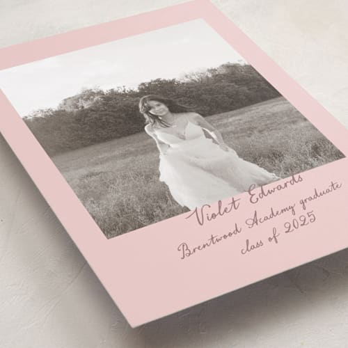 This is a blush graduation announcements with standard by Sara Hicks Malone called scrapbook printing on recycled smooth signature in standard