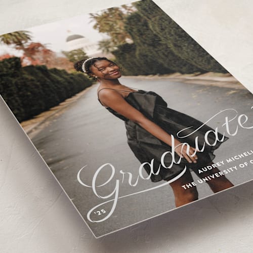 This is a ink graduation announcements with standard by Megan Davis called ribbons and cords printing on recycled smooth signature in standard