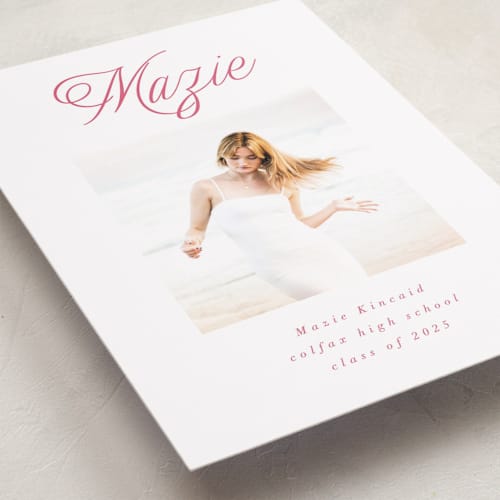 This is a fuchsia graduation announcements with standard by AK Graphics called minimal flourish printing on recycled smooth signature in standard