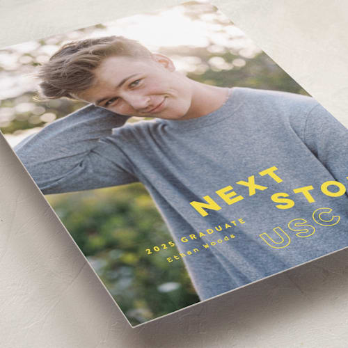 This is a lemon graduation announcements with standard by Sara Hicks Malone called next stop printing on recycled smooth signature in standard