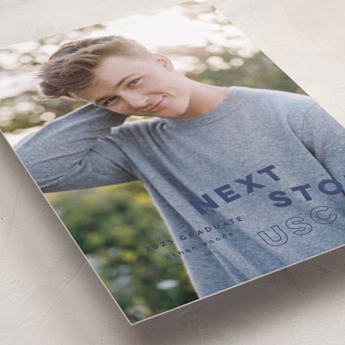 This is a navy graduation announcements with standard by Sara Hicks Malone called next stop printing on recycled smooth signature in standard