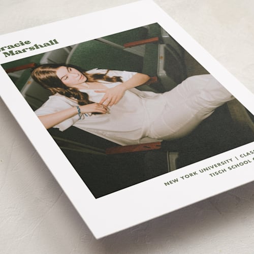 This is a olive graduation announcements with standard by Megan Davis called vinyl printing on recycled smooth signature in standard