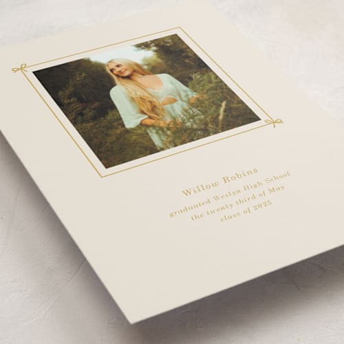 This is a golden graduation announcements with standard by Baumbirdy called photobook printing on recycled smooth signature in standard