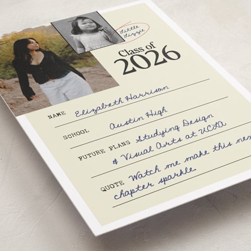 This is a ink graduation announcements with standard by Helena Vitto called grad file printing on recycled smooth signature in standard