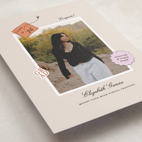 This is a apricot graduation announcements with standard by Ashley Iwafuchi called grad vibes printing on recycled smooth signature in standard