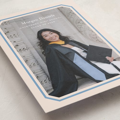 This is a robins egg graduation announcements with standard by Carolyn MacLaren called angled frame printing on recycled smooth signature in standard