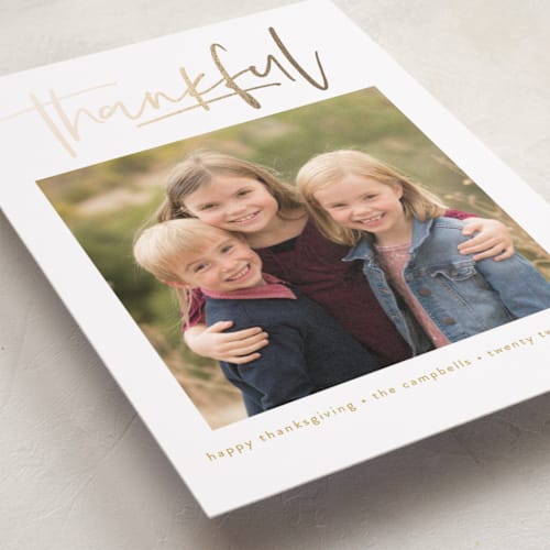 This is a ochre thanksgiving cards invitations with foil pressed by Susan Asbill called we are thankful printing on recycled smooth signature in standard