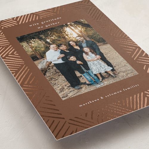 This is a terracotta thanksgiving cards invitations with foil pressed by Devika Keskar called with gratitude printing on recycled smooth signature in standard