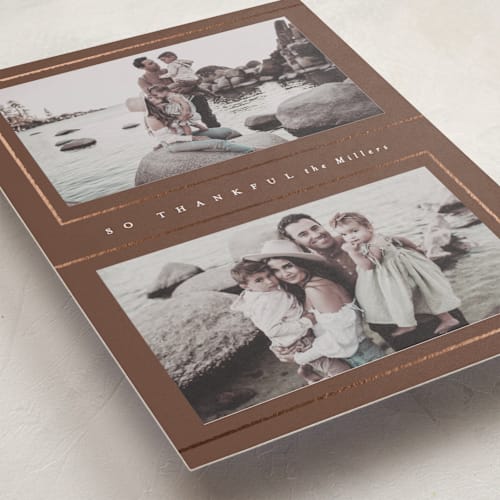This is a chocolate thanksgiving cards invitations with foil pressed by AK Graphics called thankful frames printing on recycled smooth signature in standard