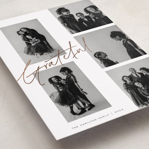 This is a coal thanksgiving cards invitations with foil pressed by Blustery August called grateful grid printing on recycled smooth signature in standard