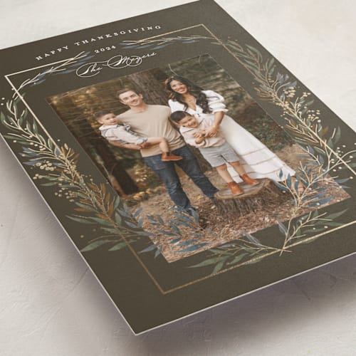 This is a chestnut thanksgiving cards invitations with foil pressed by Susan Zinader called thanksgiving crest printing on recycled smooth signature in standard