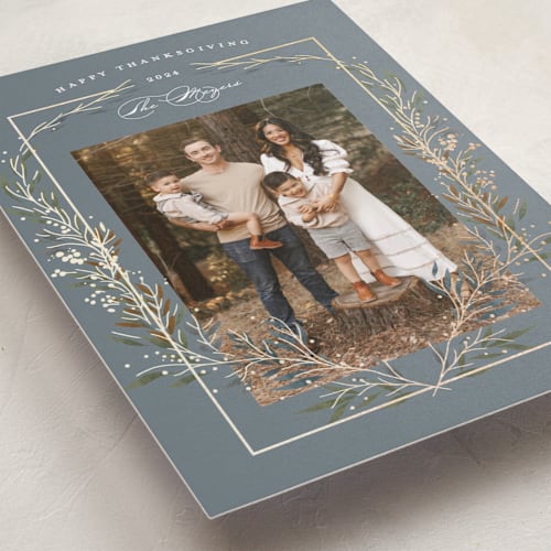 This is a slate thanksgiving cards invitations with foil pressed by Susan Zinader called thanksgiving crest printing on recycled smooth signature in standard