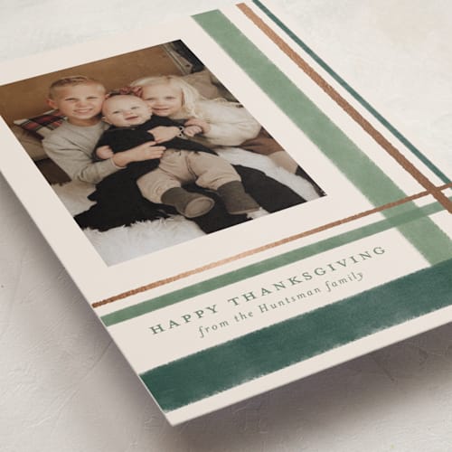 This is a pine thanksgiving cards invitations with foil pressed by Kacey Kendrick Wagner called deconstructed plaid printing on recycled smooth signature in standard