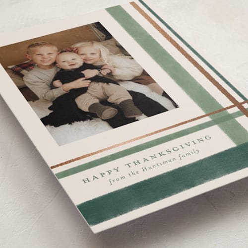 This is a pine thanksgiving cards invitations with foil pressed by Kacey Kendrick Wagner called deconstructed plaid printing on recycled smooth signature in standard