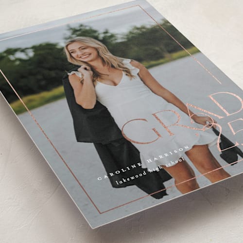 This is a snow graduation announcements with foil pressed by Lauren Chism called broken border printing on recycled smooth signature in standard
