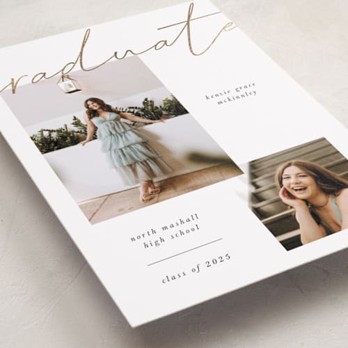 This is a chalkboard graduation announcements with foil pressed by Kelly Ambrose called simple + script printing on recycled smooth signature in standard