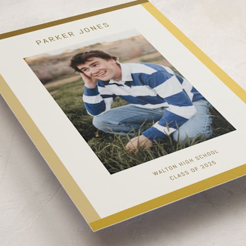 This is a golden graduation announcements with standard by Kelly Watkins called wide frame printing on recycled smooth signature in standard