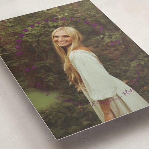 This is a plum graduation announcements with standard by Ellis called circlet printing on recycled smooth signature in standard