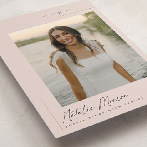 This is a blush graduation announcements with foil pressed by Carolyn Nicks called clean printing on recycled smooth signature in standard