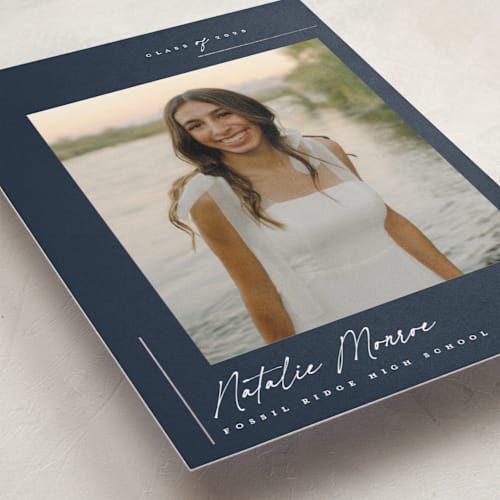 This is a navy graduation announcements with foil pressed by Carolyn Nicks called clean printing on recycled smooth signature in standard