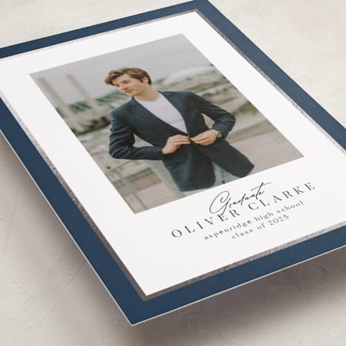 This is a navy graduation announcements with foil pressed by Nicole Walsh called classic edge printing on recycled smooth signature in standard