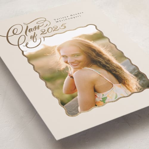 This is a vanilla graduation announcements with foil pressed by Phrosné Barwood called gilded wave frame printing on recycled smooth signature in standard