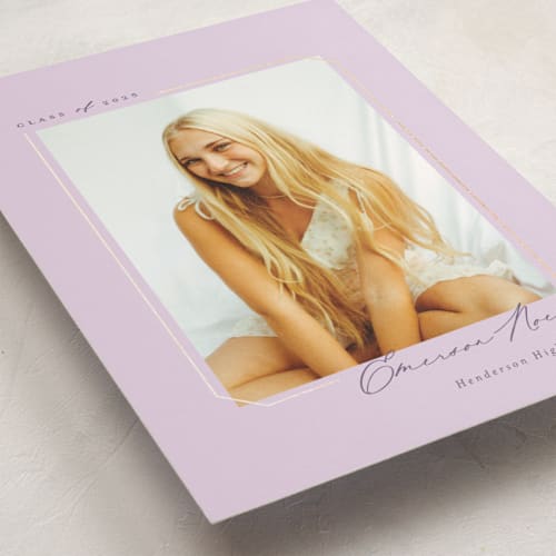 This is a lilac graduation announcements with foil pressed by Emily Betts called simply sweet frame printing on recycled smooth signature in standard