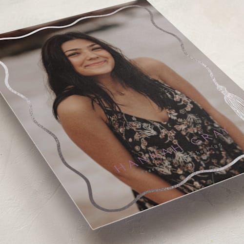 This is a orchid graduation announcements with foil pressed by Susan Zinader called tassel scallop printing on recycled smooth signature in standard