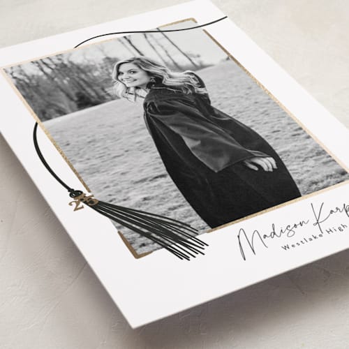 This is a onyx graduation announcements with foil pressed by Kamala Nahas called tassel wrapped printing on recycled smooth signature in standard