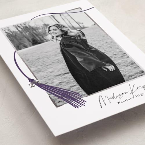 This is a plum graduation announcements with foil pressed by Kamala Nahas called tassel wrapped printing on recycled smooth signature in standard