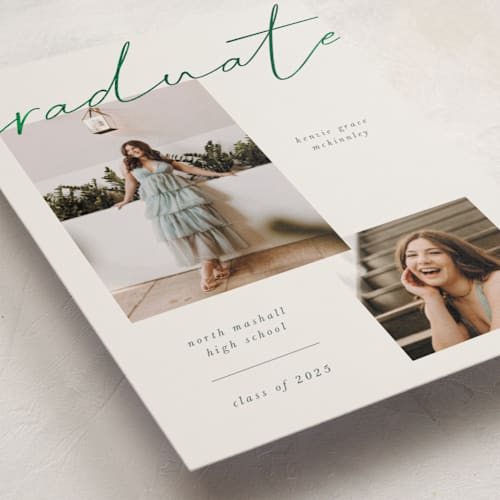 This is a juniper graduation announcements with foil pressed by Kelly Watkins called simple + script printing on recycled smooth signature in standard