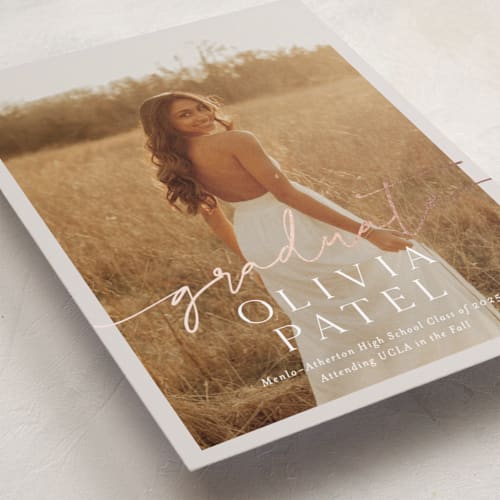 This is a oyster graduation announcements with foil pressed by Sarah Curry called graduate script printing on recycled smooth signature in standard