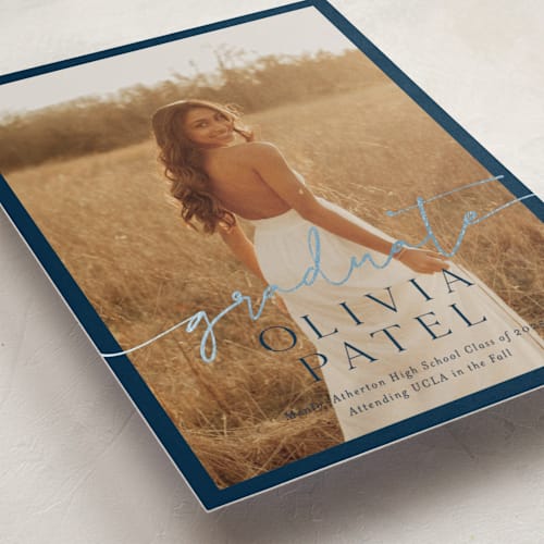 This is a navy graduation announcements with foil pressed by Sarah Curry called graduate script printing on recycled smooth signature in standard