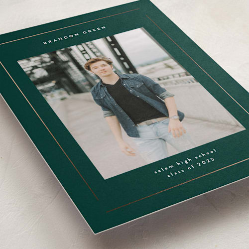 This is a forest green graduation announcements with foil pressed by Stacey Meacham called elegant minimalism printing on recycled smooth signature in standard