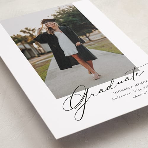 This is a obsidian graduation announcements with standard by Kamala Nahas called minimal script printing on recycled smooth signature in standard