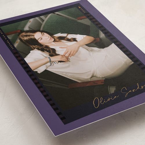 This is a plum graduation announcements with standard by Kamala Nahas called proof sheet printing on recycled smooth signature in standard