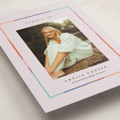 This is a petal graduation announcements with standard by Carrie Moradi called candy rainbow printing on recycled smooth signature in standard