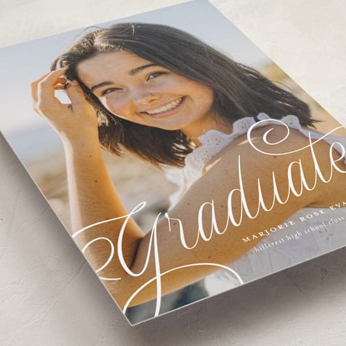 This is a cotton graduation announcements with standard by Carmia Jordaan called swooping printing on recycled smooth signature in standard