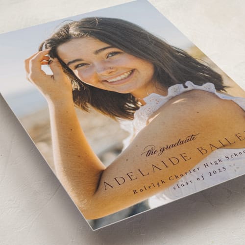 This is a raisin graduation announcements with standard by Emily Sabol Goss called graceful printing on recycled smooth signature in standard