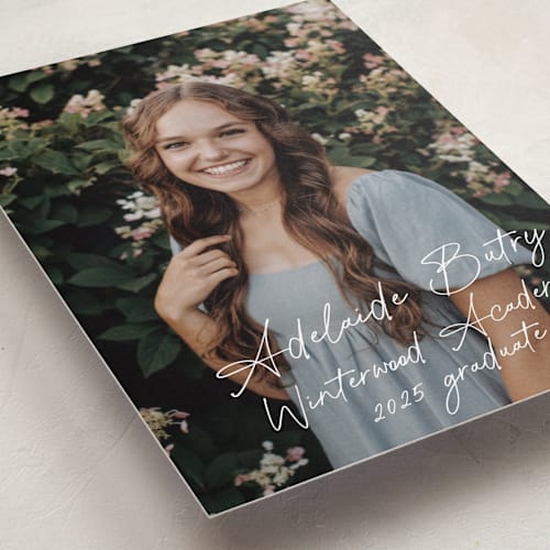 This is a porcelain graduation announcements with standard by Sara Hicks Malone called diary printing on recycled smooth signature in standard