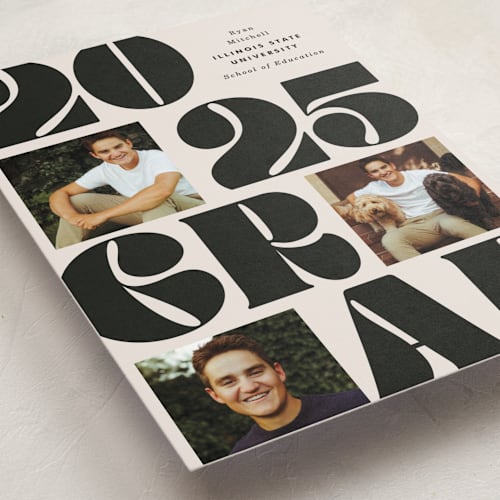 This is a cream graduation announcements with standard by Baumbirdy called vintage bold printing on recycled smooth signature in standard