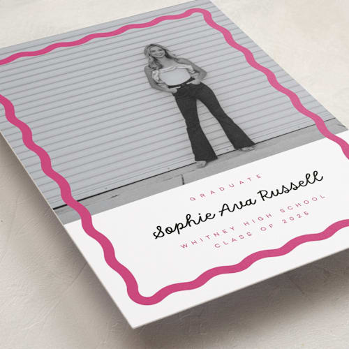 This is a bubblegum graduation announcements with standard by Emily Sabol Goss called wavy border printing on recycled smooth signature in standard