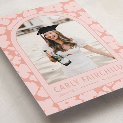 This is a petal graduation announcements with standard by Aubrey Fairchild called pink graduation announcement printing on recycled smooth signature in standard