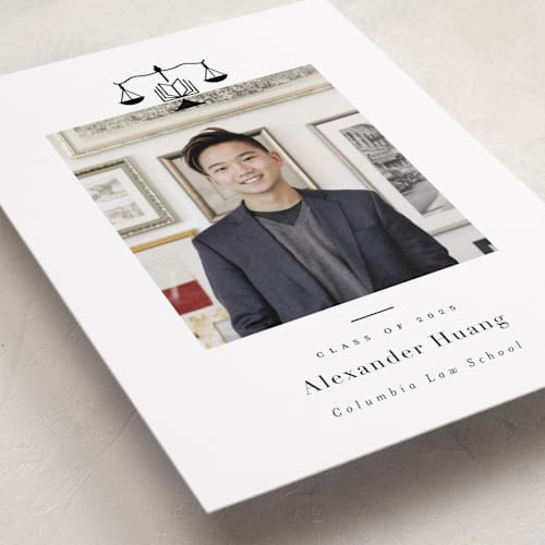This is a ink graduation announcements with standard by Hudson meet Rose called scales of justice printing on recycled smooth signature in standard