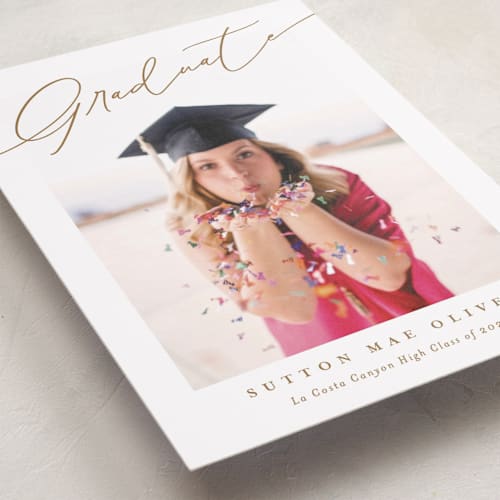 This is a golden graduation announcements with standard by Carolyn MacLaren called celebratory printing on recycled smooth signature in standard