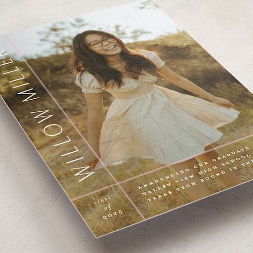 This is a blush graduation announcements with standard by Lauren Chism called grids printing on recycled smooth signature in standard